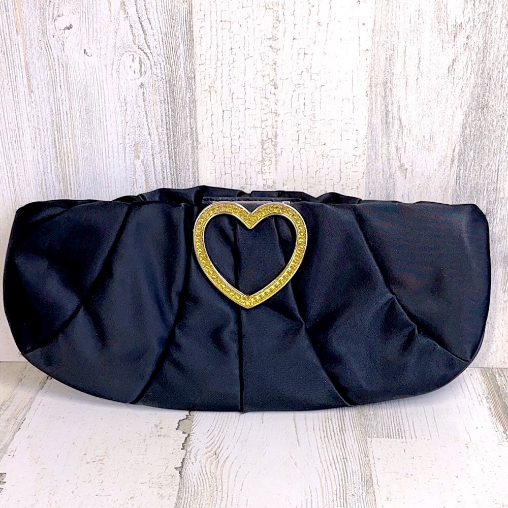 Y2K BLACK SATIN CLUTCH CRYSTAL HEART LOVCAT PARIS HILTON VEGAS BACHELORETTE EUC